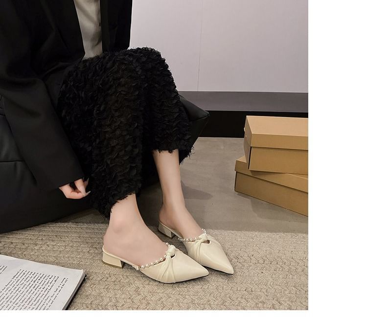 Chunky Faux Mules Toe Pointed Knot Heel Pearl