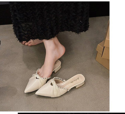 Chunky Faux Mules Toe Pointed Knot Heel Pearl