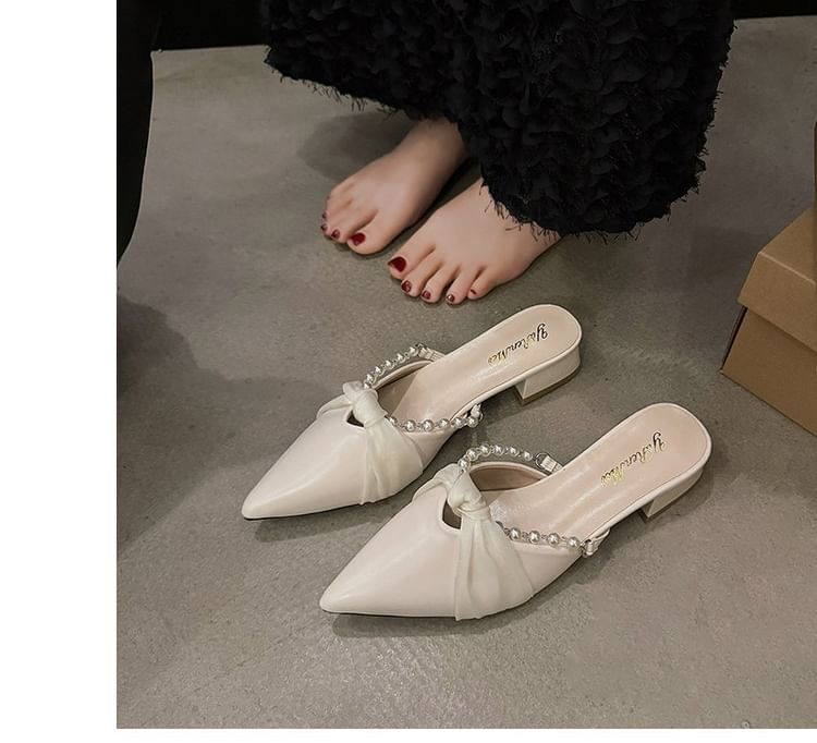 Chunky Faux Mules Toe Pointed Knot Heel Pearl