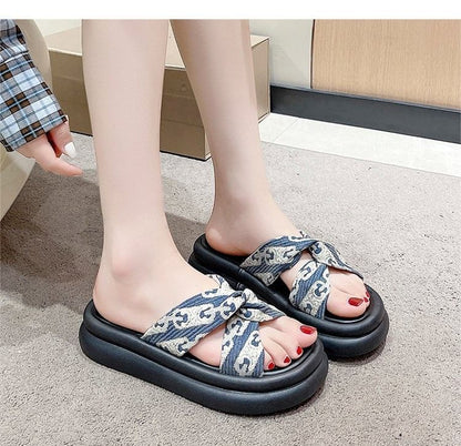 Knot Platform Criss Cross Print Sandals Slide