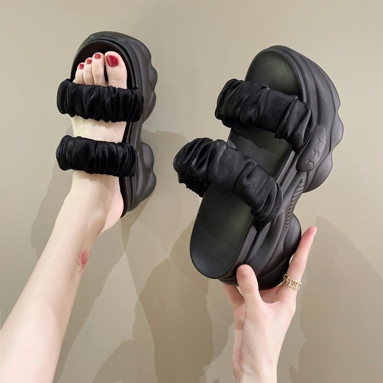Ruched Plain Slide Strap Platform Sandals