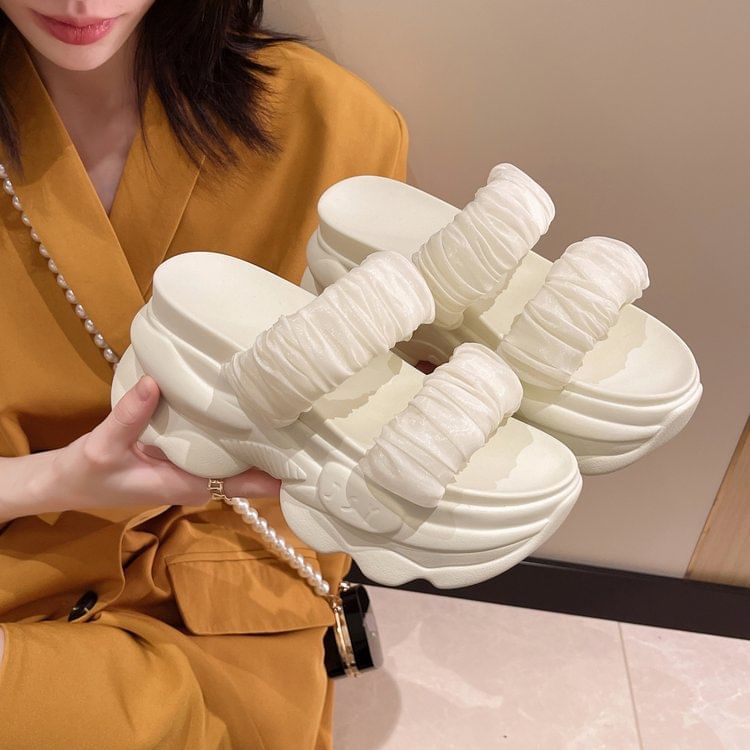 Ruched Plain Slide Strap Platform Sandals