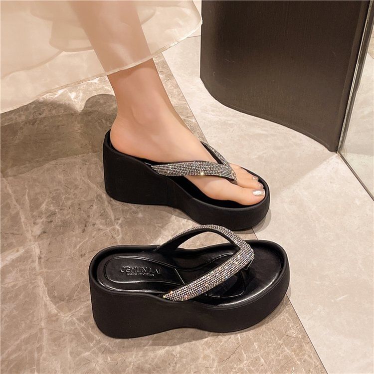 Heel Platform Flip-Flops Rhinestone Wedge