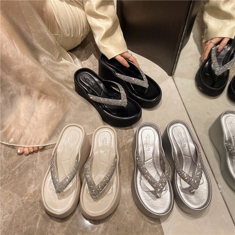 Heel Platform Flip-Flops Rhinestone Wedge