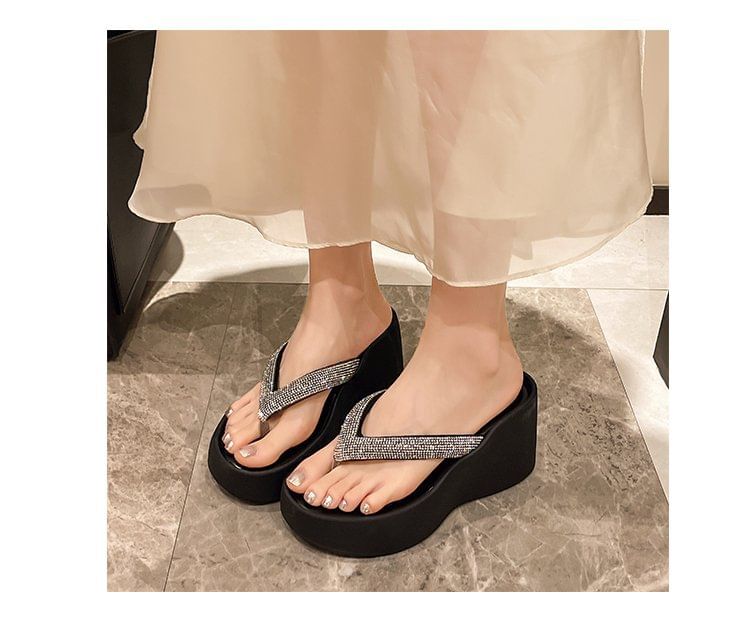 Heel Platform Flip-Flops Rhinestone Wedge