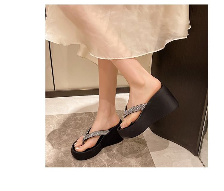 Heel Platform Flip-Flops Rhinestone Wedge