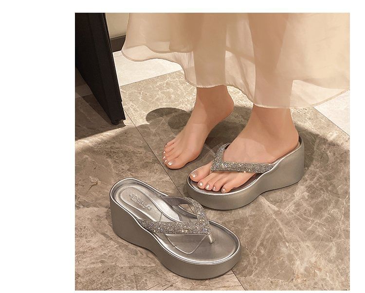 Heel Platform Flip-Flops Rhinestone Wedge