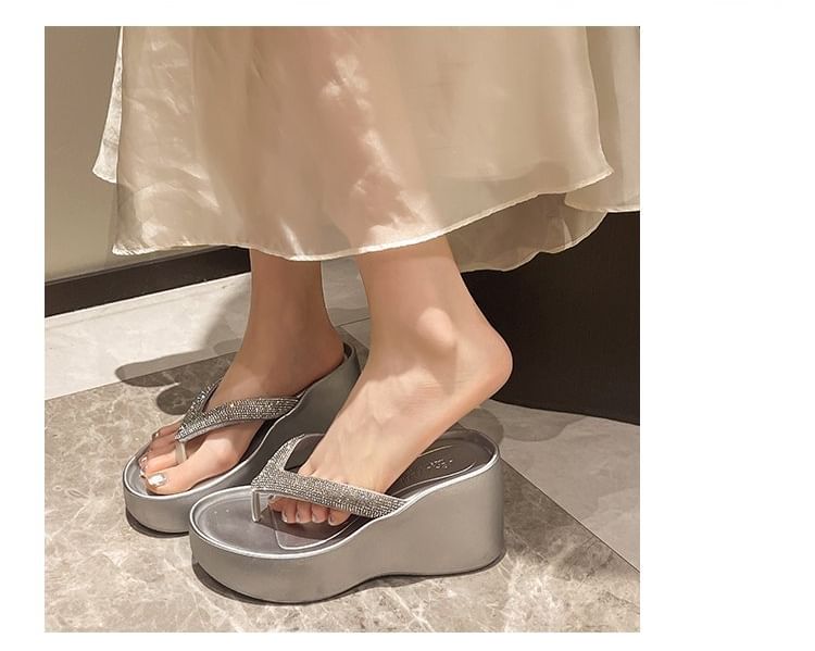 Heel Platform Flip-Flops Rhinestone Wedge