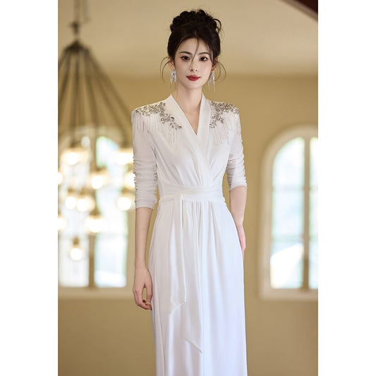 Long-Sleeve V-Neck Embellished Tie Waist Satin A-Line Evening Dress