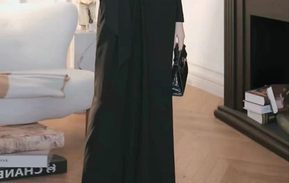 Long-Sleeve V-Neck Embellished Tie Waist Satin A-Line Evening Dress