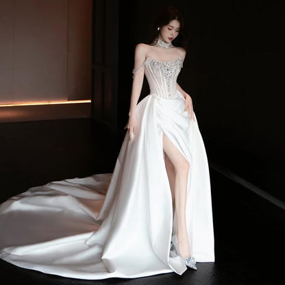 Set: Off-Shoulder Rhinestone Trained Slit Satin A-Line Wedding Gown + Choker