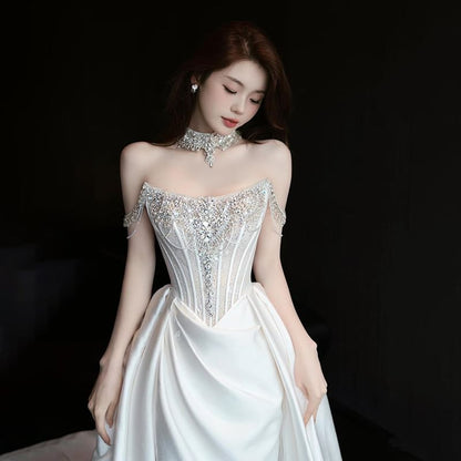 Set: Off-Shoulder Rhinestone Trained Slit Satin A-Line Wedding Gown + Choker