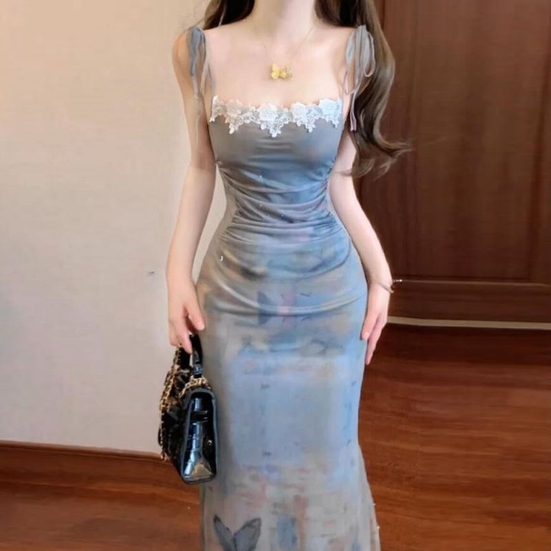 Spaghetti Strap Butterfly Print Lace Trim Midi Bodycon Dress