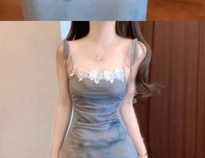 Spaghetti Strap Butterfly Print Lace Trim Midi Bodycon Dress