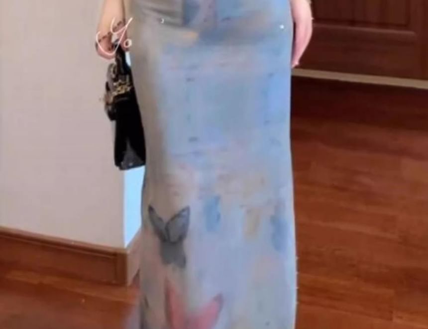 Spaghetti Strap Butterfly Print Lace Trim Midi Bodycon Dress