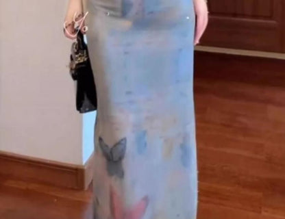 Spaghetti Strap Butterfly Print Lace Trim Midi Bodycon Dress