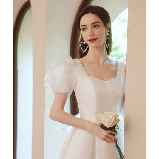 Puff-Sleeve V-Neck Faux Pearl Bow Ruched Maxi A-Line Wedding Dress