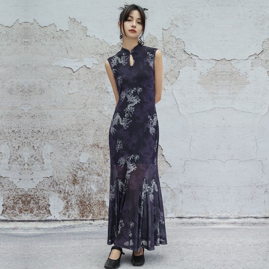 Sleeveless Dragon Print Cutout Maxi Qipao