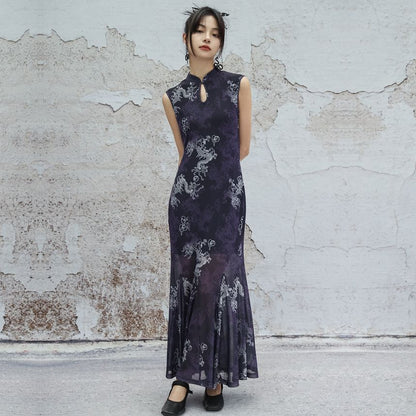 Sleeveless Dragon Print Cutout Maxi Qipao