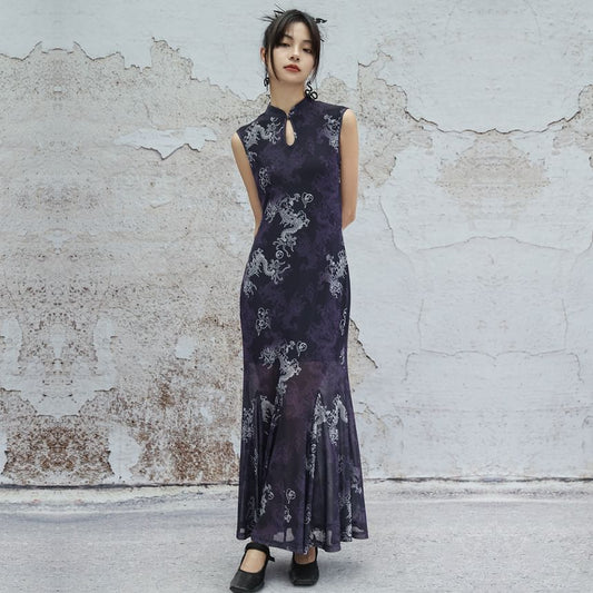 Sleeveless Dragon Print Cutout Maxi Qipao