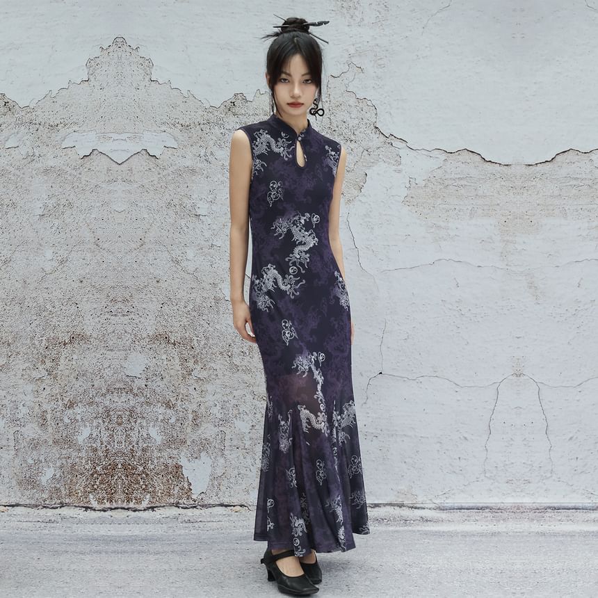 Sleeveless Dragon Print Cutout Maxi Qipao