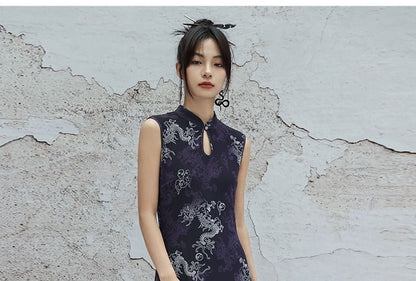 Sleeveless Dragon Print Cutout Maxi Qipao
