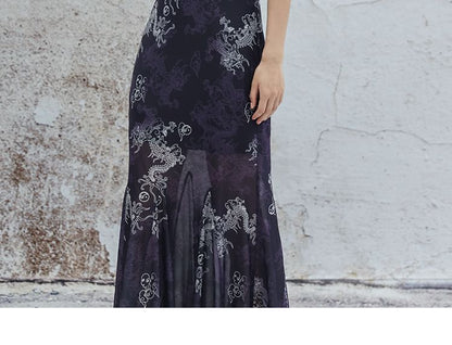 Sleeveless Dragon Print Cutout Maxi Qipao