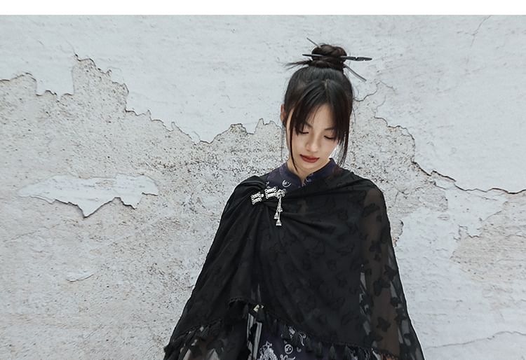 Sleeveless Dragon Print Cutout Maxi Qipao