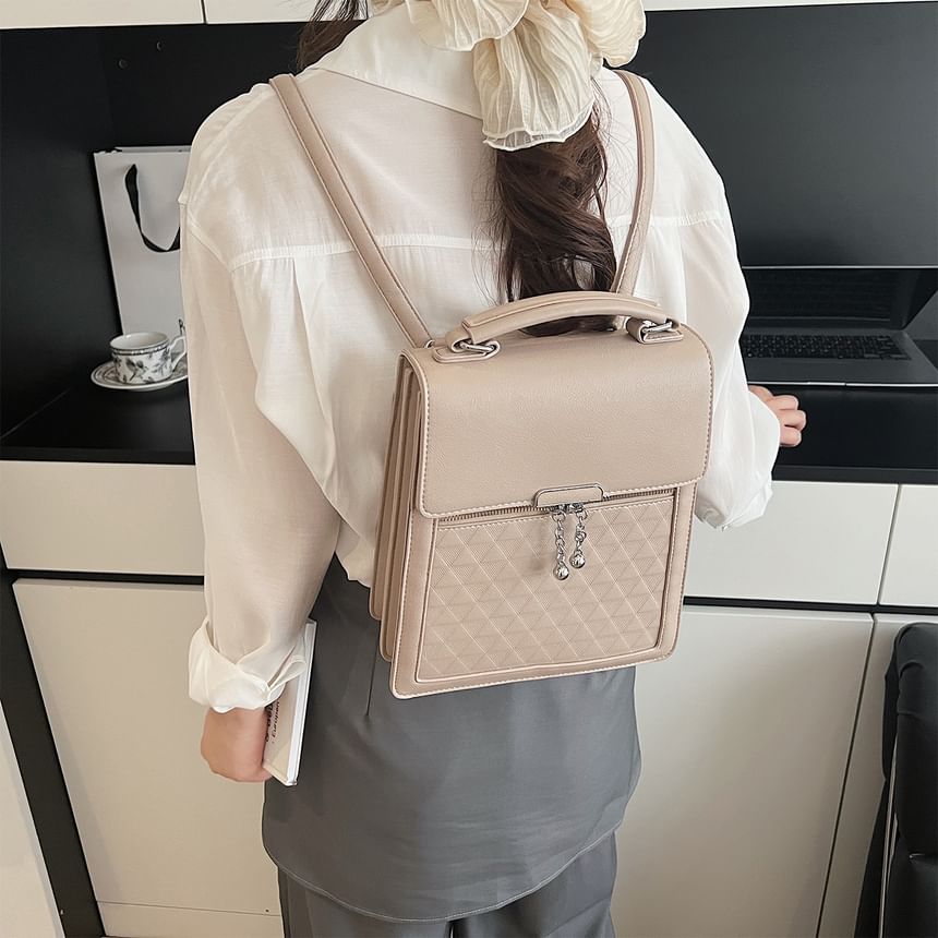 Leather Plain Backpack Faux Flap