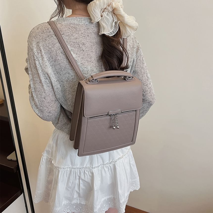 Leather Plain Backpack Faux Flap