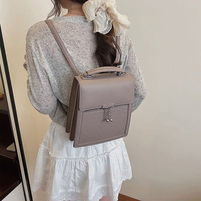 Leather Plain Backpack Faux Flap