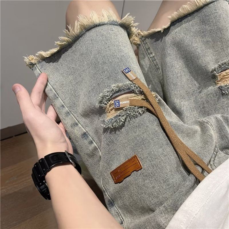 Drawstring Waist Distressed Denim Shorts