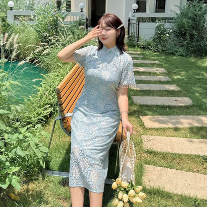 Short-Sleeve Stand Collar Lace Midi A-Line Dress