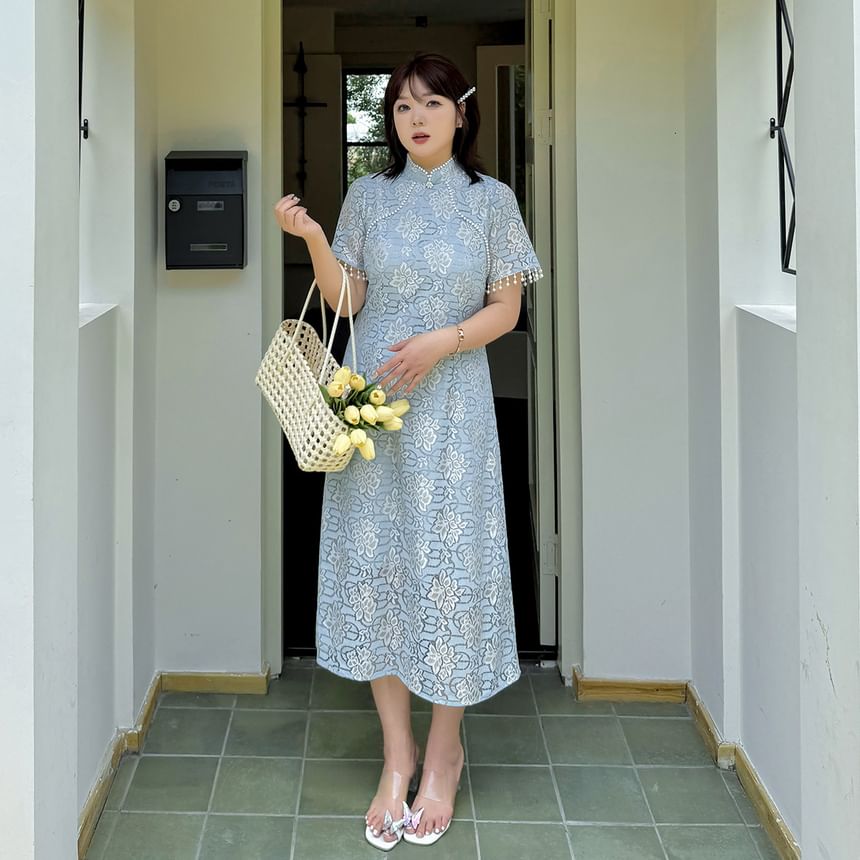 Short-Sleeve Stand Collar Lace Midi A-Line Dress