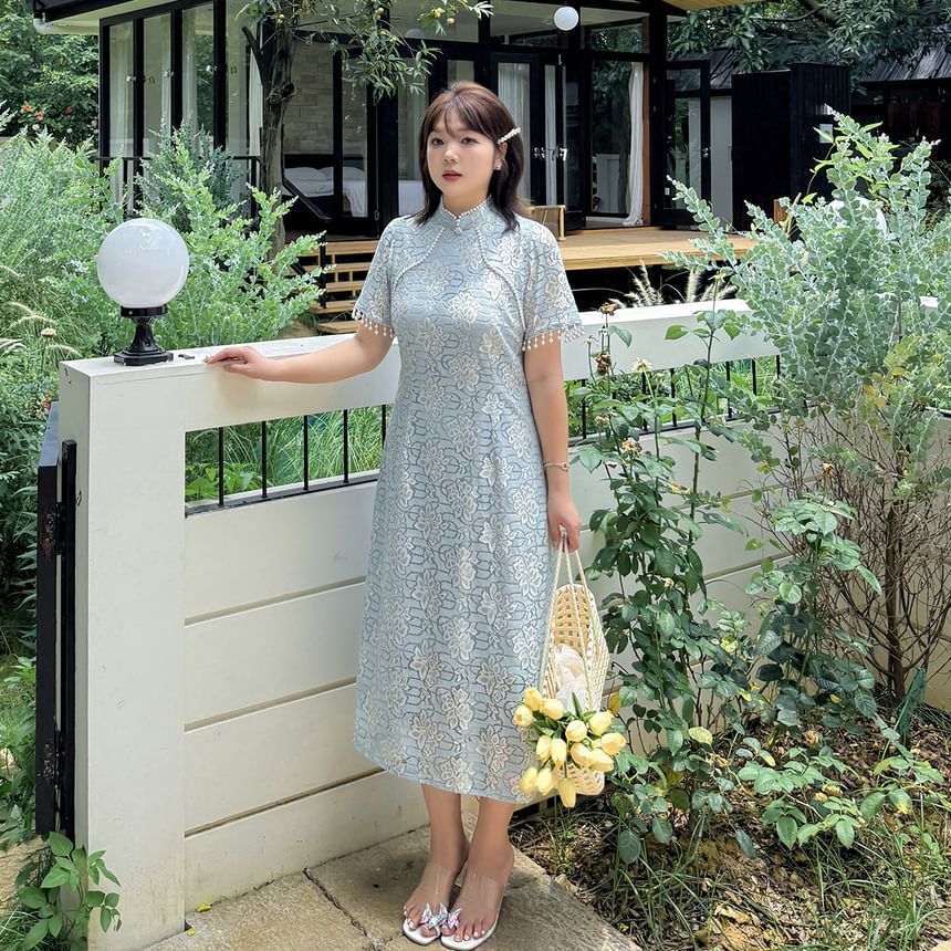 Short-Sleeve Stand Collar Lace Midi A-Line Dress