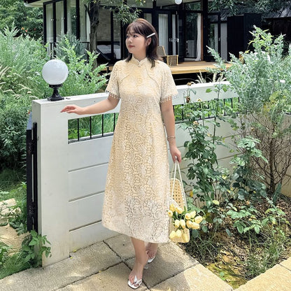 Short-Sleeve Stand Collar Lace Midi A-Line Dress