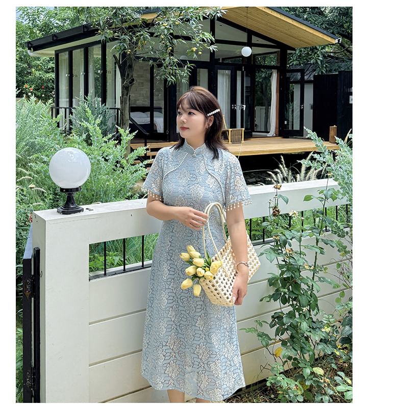 Short-Sleeve Stand Collar Lace Midi A-Line Dress