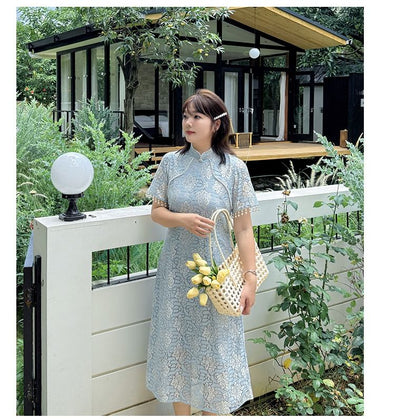 Short-Sleeve Stand Collar Lace Midi A-Line Dress