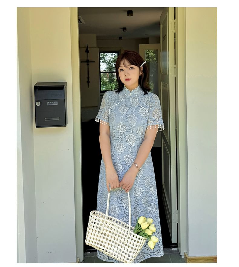 Short-Sleeve Stand Collar Lace Midi A-Line Dress