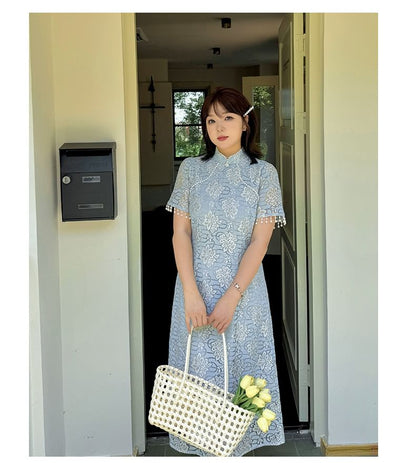 Short-Sleeve Stand Collar Lace Midi A-Line Dress