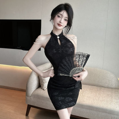 Set: Sleeveless Halter Floral Jacquard Slit Mini Qipao + Bead Chain Strap