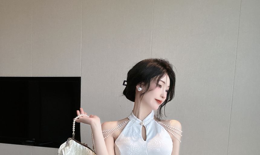 Set: Sleeveless Halter Floral Jacquard Slit Mini Qipao + Bead Chain Strap