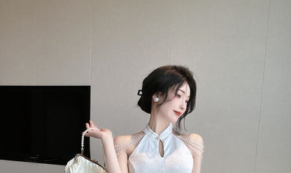Set: Sleeveless Halter Floral Jacquard Slit Mini Qipao + Bead Chain Strap