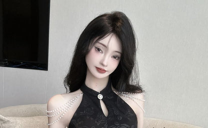 Set: Sleeveless Halter Floral Jacquard Slit Mini Qipao + Bead Chain Strap