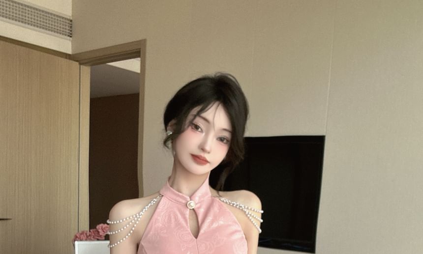 Set: Sleeveless Halter Floral Jacquard Slit Mini Qipao + Bead Chain Strap