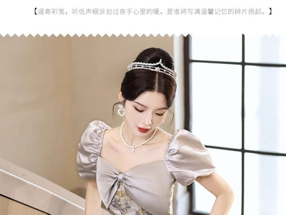 Short-Sleeve Floral Panel Ball Gown