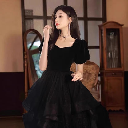 Plain Evening Mesh A-Line Gown Panel Short-Sleeve Tiered