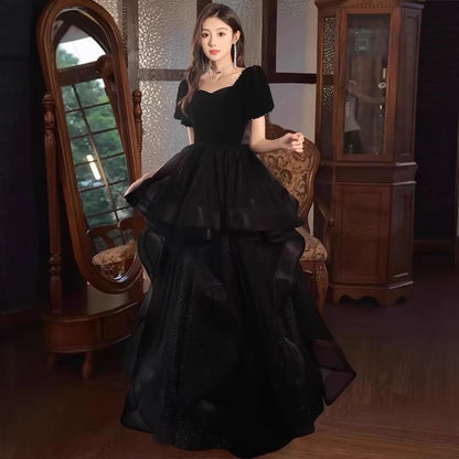 Plain Evening Mesh A-Line Gown Panel Short-Sleeve Tiered