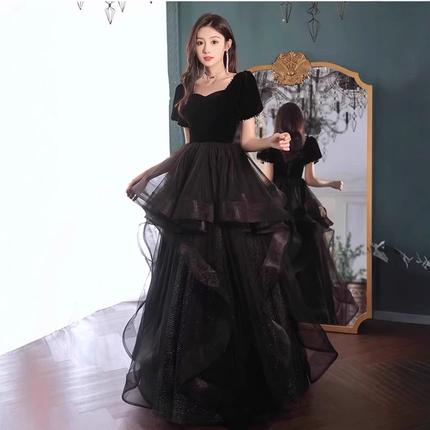 Plain Evening Mesh A-Line Gown Panel Short-Sleeve Tiered