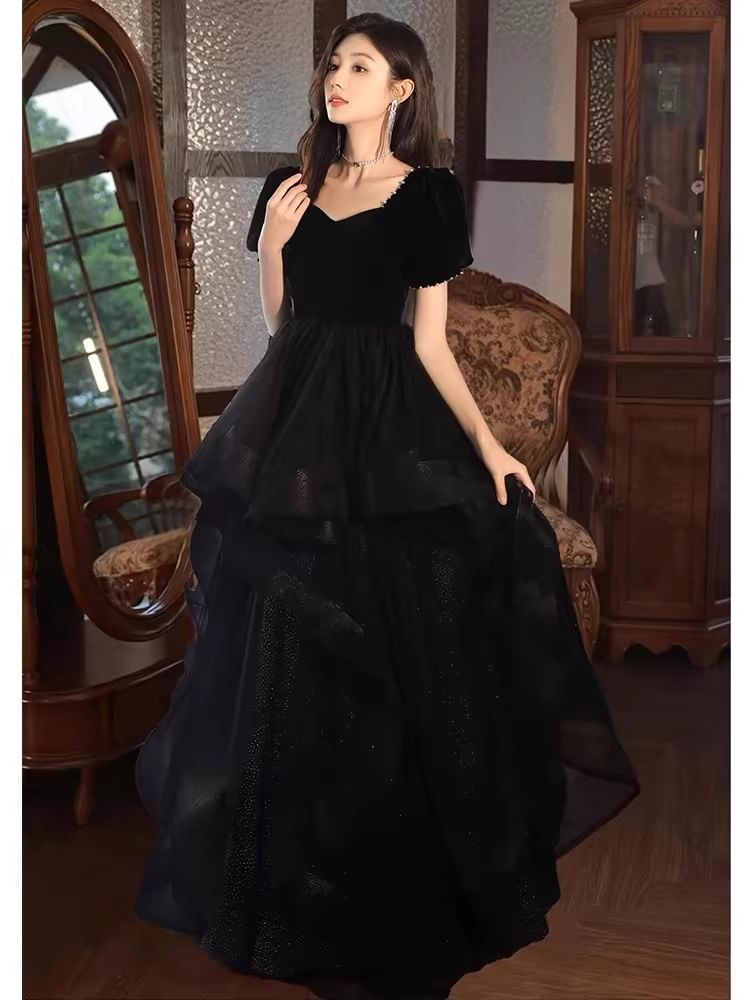 Plain Evening Mesh A-Line Gown Panel Short-Sleeve Tiered